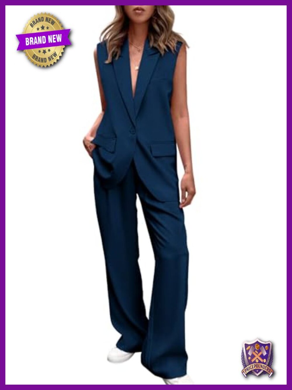 Women's 2 Piece Blazer Set Sleeveless Vest Wide Leg Pants Suit